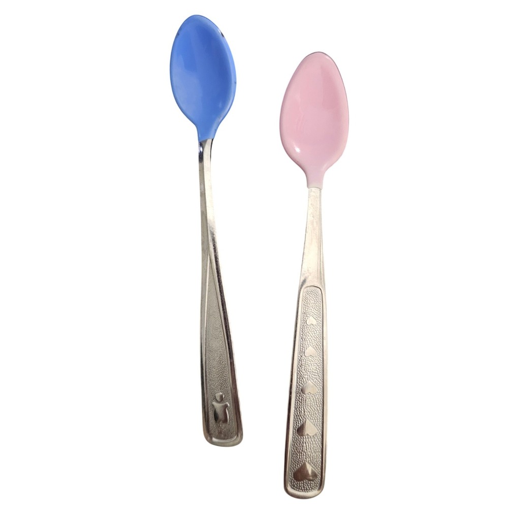 Vintage Munchkin & The First Years Baby Spoons Stainless Pink Hearts Blue Set